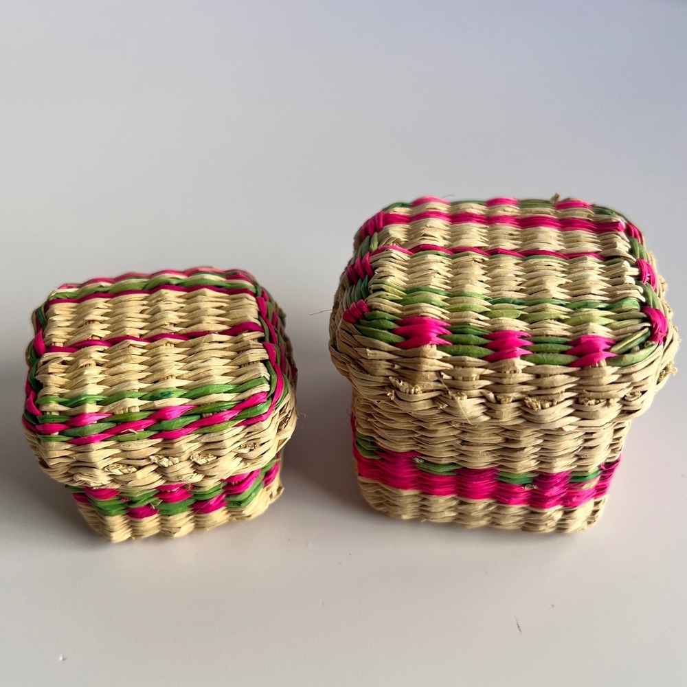 Vintage Miniature Woven Straw Trinket Baskets Set of 2 Boho Folk Art Boxes